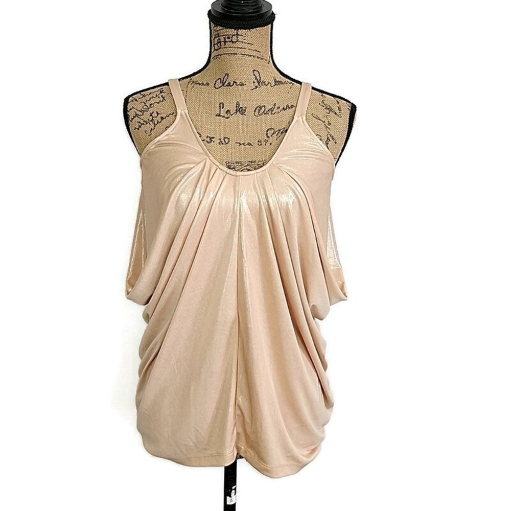 New York & Company Tank Top Women S Gold Metallic Draped V-Neck Sleeveless